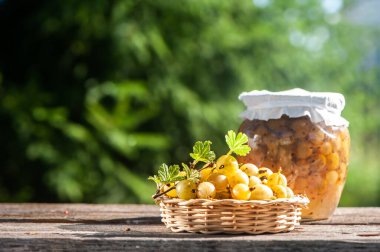 Bektaşi üzümü ve kavanozlar dolusu böğürtlen reçeli ahşap bir masada, bahçenin yeşil arka planında, hasat ve yemek teması, metin için alan