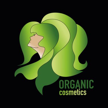 Şık logo kadın güzelliği. Kalın saçlı, lüks logolu bir kızın profil portresi. Doğal organik kozmetik ve kadın bakım konsepti. Güzellik Salonu, Spa Logosu