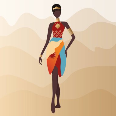Geleneksel elbiseli, gösterişli Afrikalı kadın, çölde güzel bir Afrikalı kızın silüeti, güzel bir elbise ve altın mücevher.