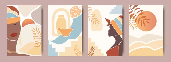 Minimalist tarzda türbanlı Afrikalı bir kadının olduğu soyut posterler. Seramik vazolar, sürahiler, bitkiler, soyut şekiller ve manzara. Çağdaş sanat koleksiyonu. 