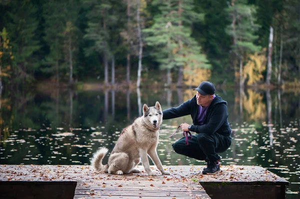 Man Met Een Husky Hond Pier Van Een Prachtig Meer — Stockfoto