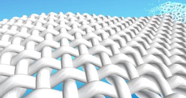 White textile network wave. Fabrics fibers interweaving and floating bubbles in macro zoom at the blue gradient background. 3d illustration for advertising bleach, washing powder, stain remover, or liquid laundry detergent