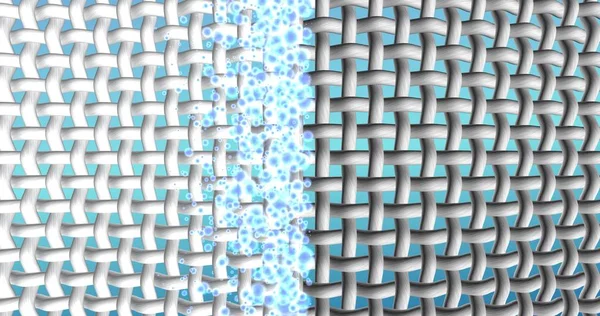 3d illustration.  Washing powder, bleach, or liquid laundry detergent whitening effect. Cloth bleaching process. A floating wave of water drops and active oxygen bubbles. Cleaning of the stained fabric. 