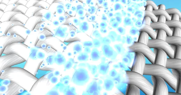 3d illustration. Cloth bleaching. Whitening effect of bleach, washing powder, or liquid laundry detergent. Motion waves of floating water drops clean stained fabrics fibers. 