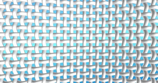 White fabrics threads interweaving in macro zoom. Textile network at the blue gradient background. 3d rendered illustration for advertisement for washing powder, stain remover, bleach, or liquid laundry detergent.