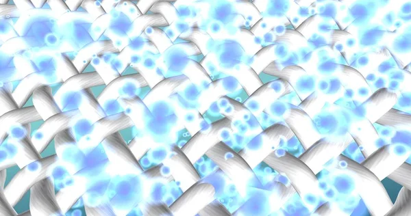White textile network washing. Fabrics fibers interweaving and floating bubbles in macro zoom at the blue gradient background. 3d illustration for advertising of bleach, washing powder, stain remover, or liquid laundry detergent. Cloth bleaching.