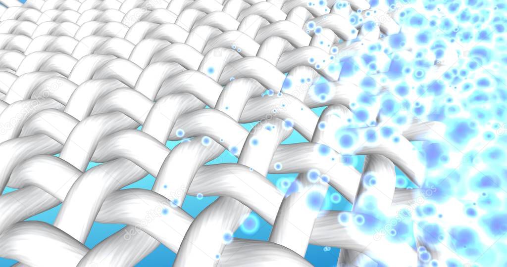 White textile network. Fabrics fibers interweaving in macro zoom at the blue gradient background. 3d illustration for advertising of bleach, washing powder, stain remover, or liquid laundry detergent. Cloth washing and bleaching process.