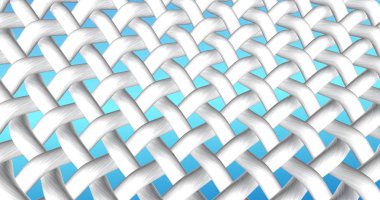 White fabric network at the gradient blue background. Textile threads interweaving in macro zoom. 3d illustration for washing powder, stain remover, bleach, or liquid laundry detergent advert.