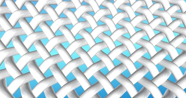 White fabric network at the gradient blue background. Textile threads interweaving in macro zoom. 3d illustration for washing powder, stain remover, bleach, or liquid laundry detergent advert.
