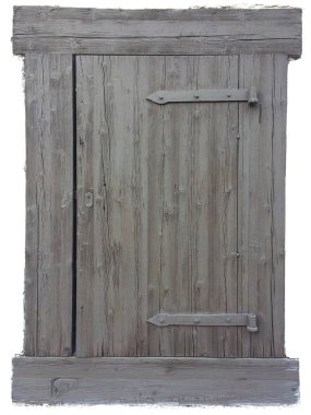 Eski kapalı pencere. Eski ahşap çerçeve. Beyaz arka plan üzerinde Vintage mimari nesne. Boya metal menteşe gri ahşap çekim yüzeyi.