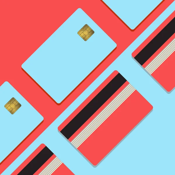 Banka kredi kartı mockup vektör çizim. Pembe ve mavi arka plan ile gölge şablonunda boş iş. Ödeme aygıt altın metal degrade chip ve siyah şerit ile temizleyin. Yuvarlak köşeler.