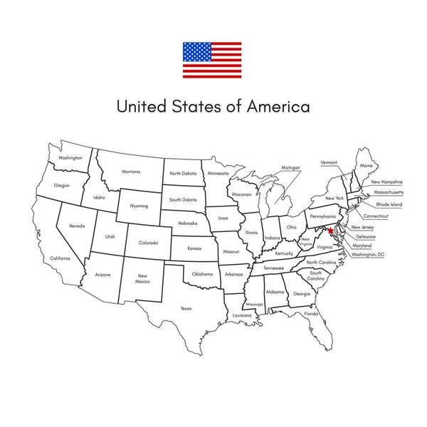 アメリカ合衆国の線形グラフィック マップ上孤立した白い背景 アメリカのベクター イラストです ブラック カラーの領域が印刷 制限に国ポスター旅行素材 — ストックベクタ