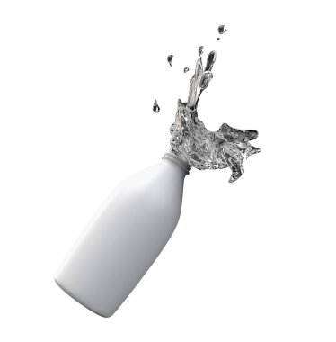 Beyaz arka plan üzerinde izole bir parlak beyaz şişe su sıçramasına. Şeffaf sıvı koşuşturma gerçekçi 3d render. İçecek reklam mockup. Görüntü ürün reklam için.