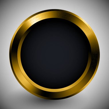 Altın çerçeve gerçekçi düğme siyah şablonu. Yansıtıcı altın aracı. Metal doku teknoloji nesne. Vektör çizim. Bronz, nikel, çinko yüzük mockup ışık ve gölge ile. Pirinç kompozit yüzey.