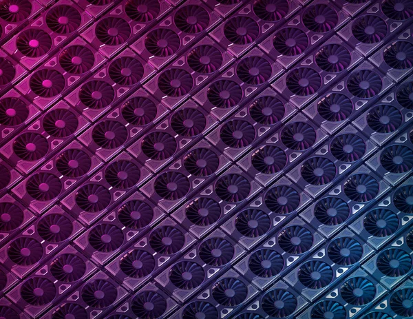 GPU ekran kartı 3d çizim blockchain arka plan. Üstten görünüm donanım render. Şifreleme sikke para birimi madenci. Grafik adaptörü. Modern tasarım. Teknik duvar kağıdı resmi pazarlama, web, baskı için.