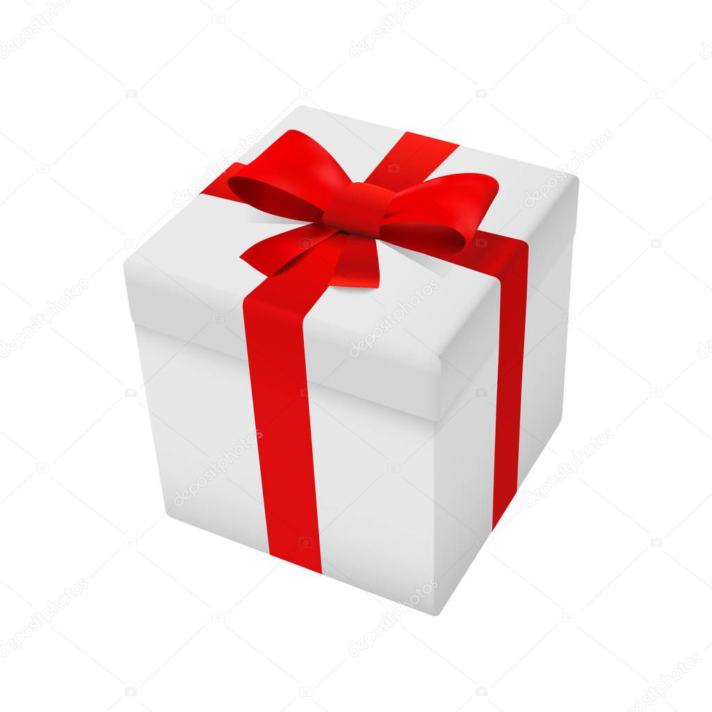 Gift box in white color with red ribbon and bow on a white background. 3d packaging for black friday, christmas, new year sales. Marketing visualization. Top view pack. Vector illustration.