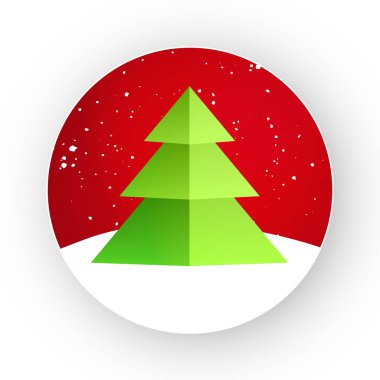 Karda degrade ve gölge düz stil içinde kırmızı daire ile Noel ağacı etiket. Yeni yıl baskı, afiş, Kullanıcı arayüzü, uygulama, Pazar ve tatil malzemeleri için görüntü simgesi. Vektör çizim.