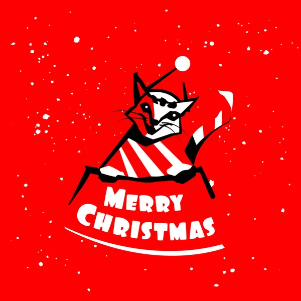 Feliz Navidad Vector Ilustración Sobre Fondo Rojo Con Nieve Gato — Vector de stock