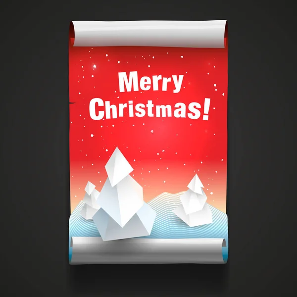 Merry Christmas poster with snow forest vector illustration. White 3d style xmas tree on red background. Congratulatory template. 3d low poly stylized. Roll on the wall.