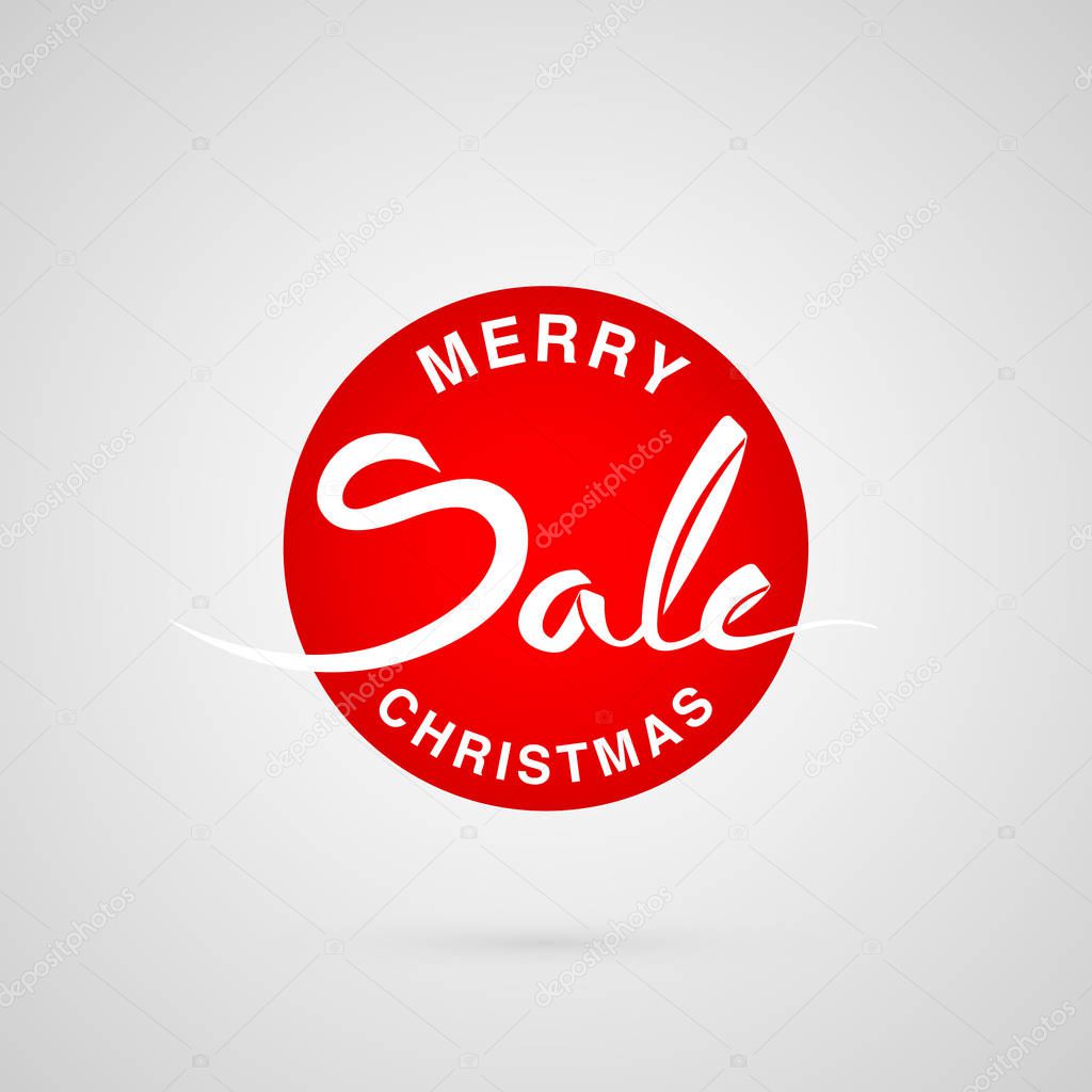 Merry Christmas sale red and white emblem calligraphy lettering logo round on gradient background. Vector illustration print for shop and market event, web, application.