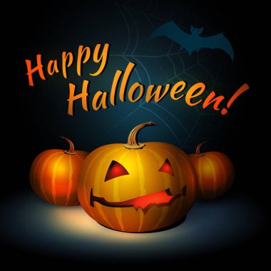 Mutlu Cadılar Bayramı vektör çizim yarasa ve kabak. Sebze, yarasa ve korku karakteri ve slogan web bileşimi. Gerçekçi ışık ve gölge. Kapak baskı tasarımı.