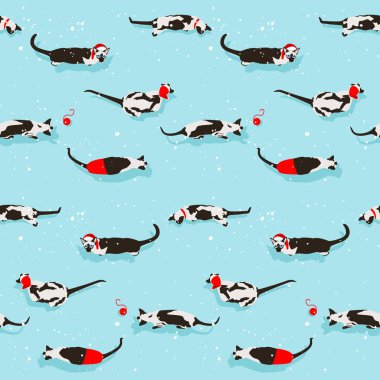 Siyam kedisi seamless modeli üzerinde açık mavi renkli. Düz stil gölge ile. Yeni yıl aksesuarları. Mutlu Noeller. Komik hayvanlar. Vektör çizim. Evde beslenen hayvan karikatür doku. Kırmızı top. Karlı kış