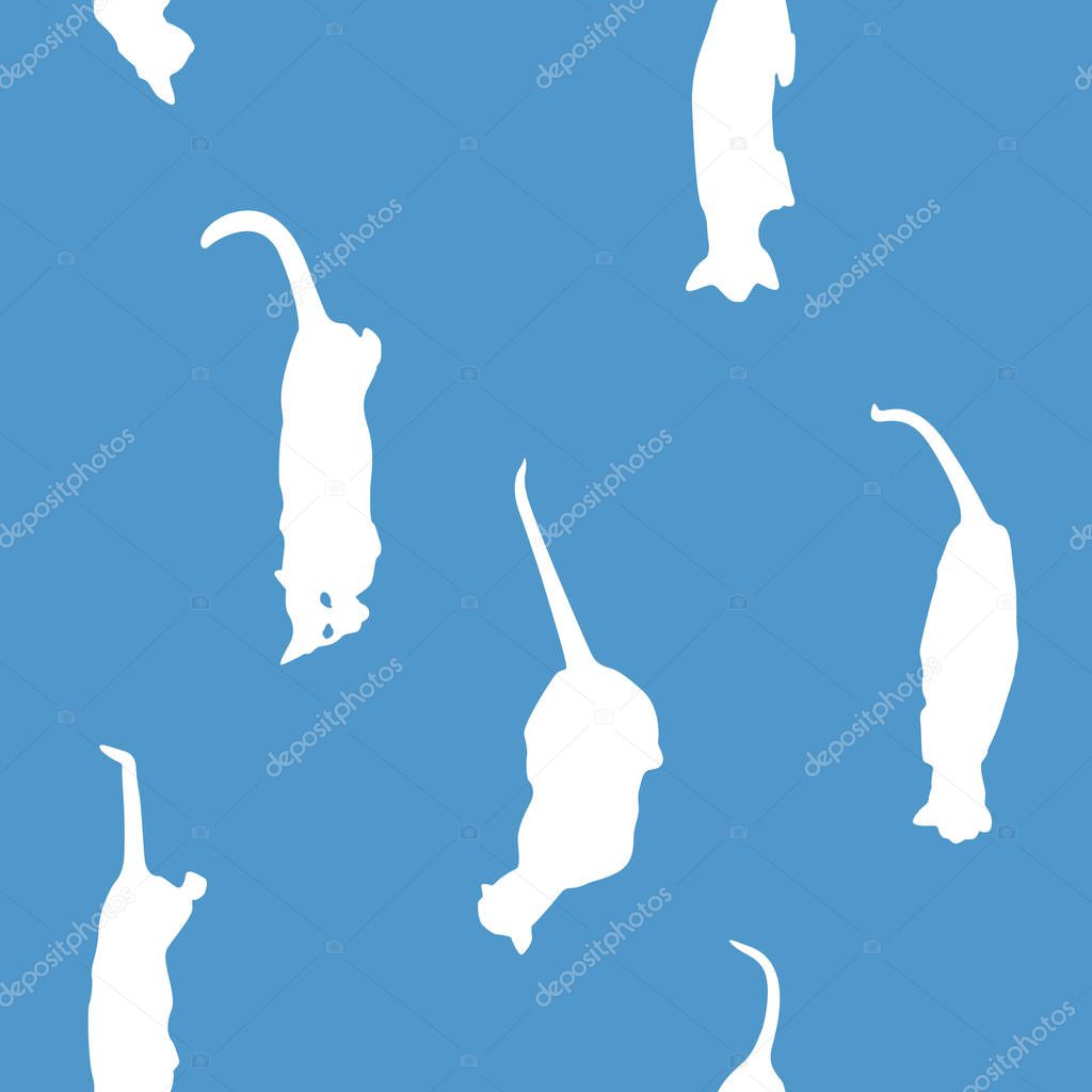 Siamese cat seamless pattern on blue background. Flat style funny animals. Vector illustration. Pet texture. Creative silhouettes wallpaper. Cartoon style. One looks at you.