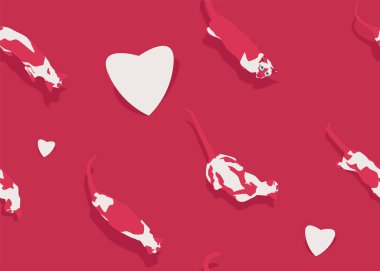 Mutlu sevgililer günü tatil seamless modeli. Vektör çizim. Siyam kedisi ve kalp kavramı kartı seviyorum. Hayvanlar ve pembe degrade arka plan romantik sembolü. Karikatür tarzı şal