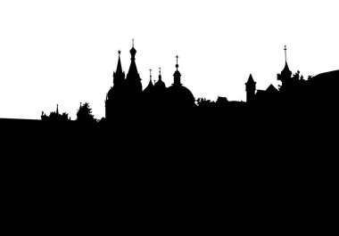 Beyaz üzerine siyah renkli Moskova şehir silüeti. Vektör çizim. Anahat kilise çizim. Basit şehir manzara şekil. Arka plan görsel baskı seyahat. Tapınak ve ağaçlar tezgâhı resim.