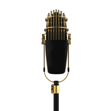 Beyaz arka plan üzerinde izole retro mic. 3D render illüstrasyon. Ayağa kalk, Toplantı, müzikal performans ve kutlama için altın metalik konuşma aygıtı. Altın vintage Kaydedici görselleştirme nesne.