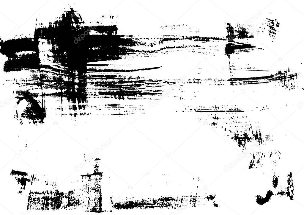 Grunge urban brushed ink texture print on paper handmade. Abstract vintage monochrome print. Vector illustration. Dash and scratch. Overlay, multiply black and white filter.
