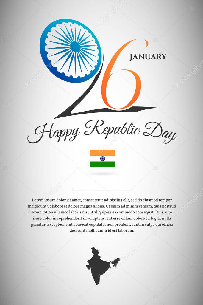 Indian republic day 26 January color design concept. Vector Illustration. National celebrating banner. India wheel symbol and text with map.
