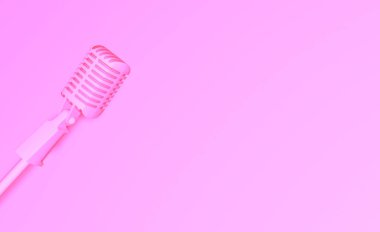 Vintage mikrofon ile göz alıcı pembe şablonu. Retro mikrofon kapak 3d tasarlamak. Verici render. Modern kutlamak için yazdırma ve parti poster. Konuşma aygıtı için stand up ve performans.