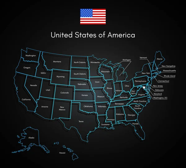 暗い背景にアメリカ合衆国地図 アメリカのベクター イラストです 青の色領域が印刷 国の名前とポスターは 材料を旅行します 技術スタイル見出し — ストックベクタ