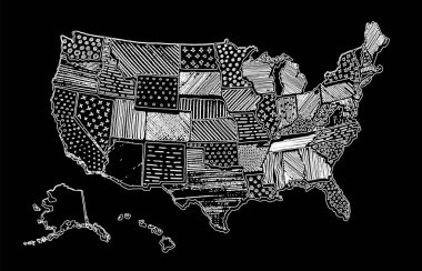 Doğrusal sanat harita çizim İngiltere. ABD vektör çizim. Tebeşir çizim bölge yazdırma. Ülke poster eyaletlerini ile seyahat malzemeleri ve eğitim. Karikatür tarzı görüntü elle çizilmiş.