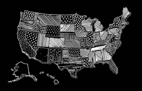 United States Of America drawing linear art map. USA vector illustration. Chalk drawing territory print. Country poster with states for travel materials and education. Cartoon style image hand drawn.