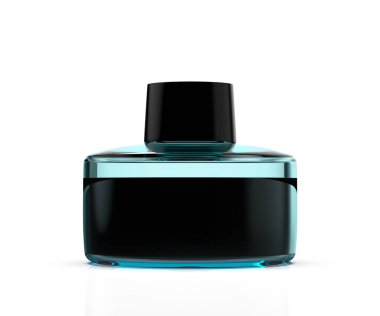 Cam mavi şişe sıvı 3d çizim ile