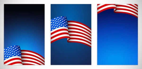 Drapeau ondulé réaliste des États-Unis sur le modèle vide bleu — Image vectorielle