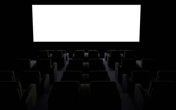 Dunkler Kinosaal mit weißer, leerer Leinwand 3D-Renderer — Stockfoto