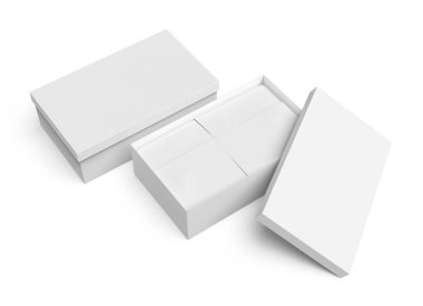 Paket modeli. Açılmış beyaz kutular 3D görüntüleme. Paketi ambalaj kağıdıyla birlikte aç. Paketlenmiş nesne gerçekçi görselleştirme. Ürün boks resmi kaldırıldı.