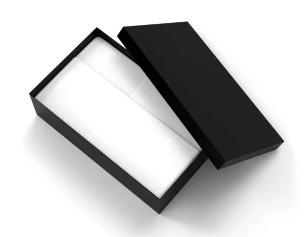 パッケージモックアップ ブラックボックス3Dレンダリングイラストを開きました 中に白い包装紙で包装を開きます パックされたオブジェクトの現実的な可視化 製品ボクシング削除キャップイメージ — ストック写真