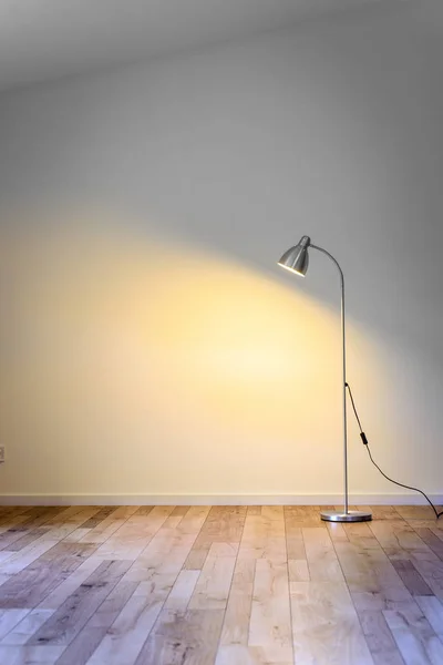 Kovová stojací lampa v prázdné místnosti se stínem na bílé zdi, kopie prostor pro text — Stock fotografie