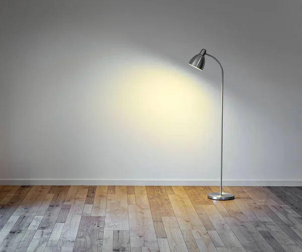 Kovová stojací lampa v prázdné místnosti se stínem na bílé zdi, kopie prostor pro text — Stock fotografie