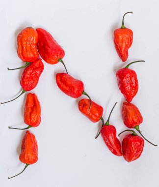 N harfi alfabesi ile hayalet biber Bhoot jolokia beyaz arka plan üzerinde yapılan