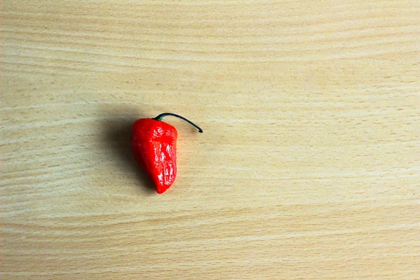 One Red Bhoot Jolokia Pimenta Fantasma Picante Isolada Fundo Madeira — Fotografia de Stock