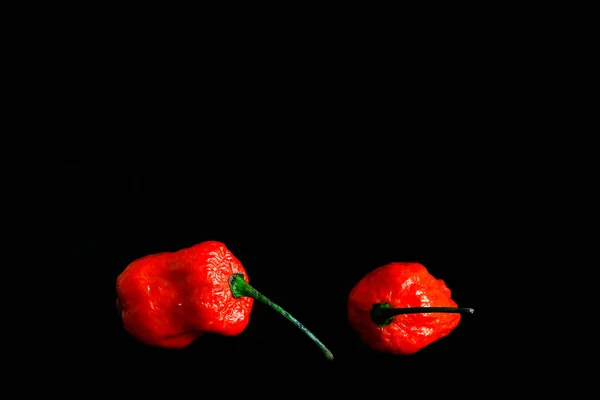 Dvě Červené Bhoot Jolokia Pikantní Ghost Pepř Izolované Černém Pozadí — Stock fotografie