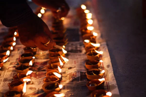 Lámpara Diya Barro Iluminación Con Velas Con Motivo Diwali Sandhi —  Fotos de Stock