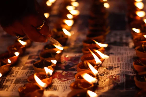 Earthen Diya Lamp Lighting Candles Occasion Diwali Sandhi Pujo — Stock Photo, Image