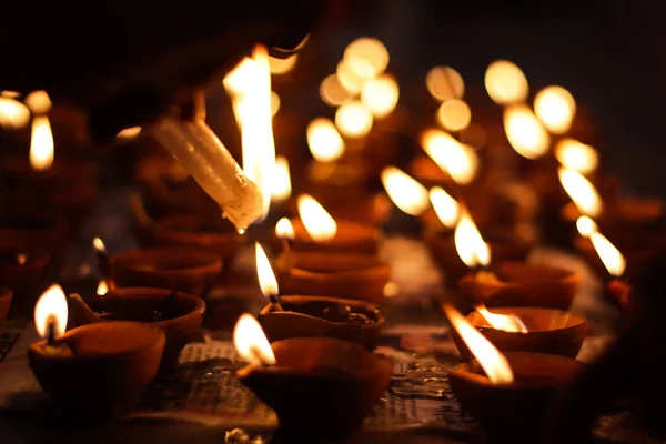 Earthen Diya Lamp Lighting Candles Occasion Diwali Sandhi Pujo — Stock Photo, Image