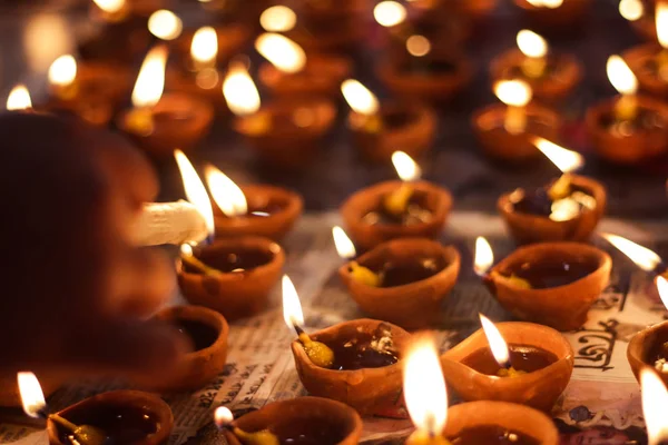 Earthen Diya Lamp Lighting Candles Occasion Diwali Sandhi Pujo — Stock Photo, Image